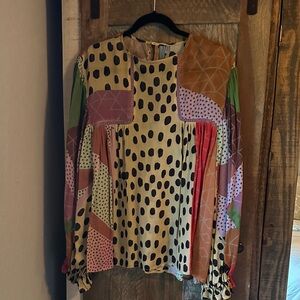Anthropologie Patchwork Long-Sleeve Women's Top in Warm Multicolor